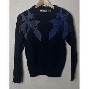 Vintage Bramble Lane Medium Black Acrylic Sweater Leaf Floral Whimsigoth Witchy